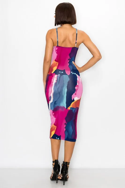 Painted Print Sleeveless Bodycon Midi Dress