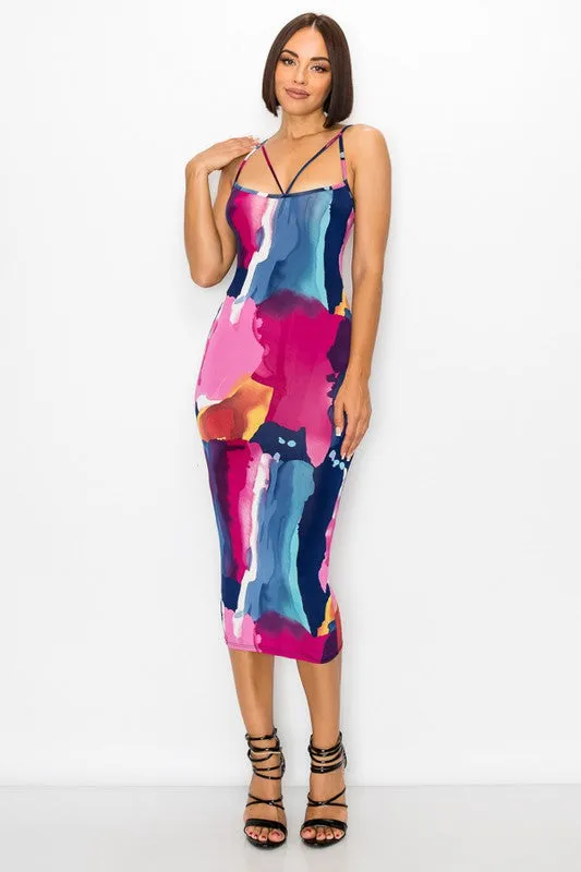 Painted Print Sleeveless Bodycon Midi Dress