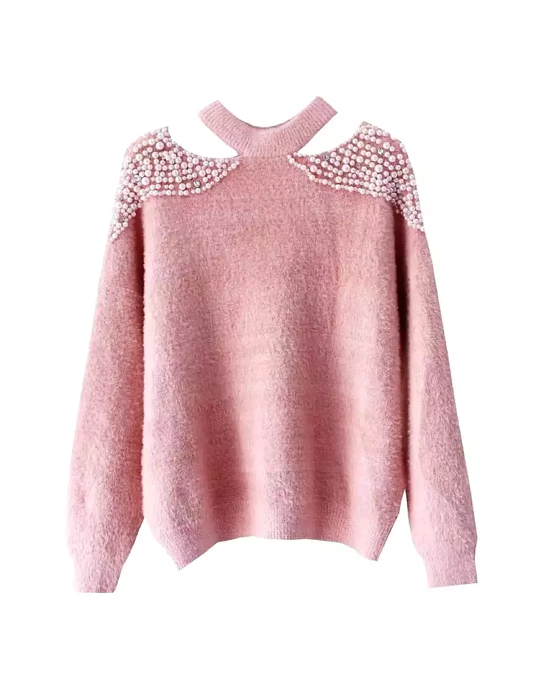 Pearl Shoulder Cut Out Fuzzy Sweater