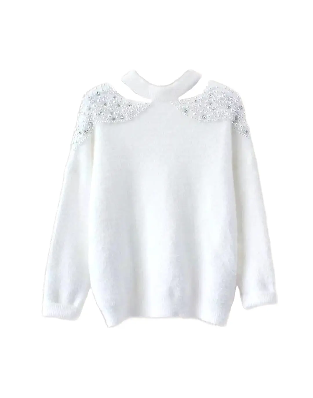 Pearl Shoulder Cut Out Fuzzy Sweater