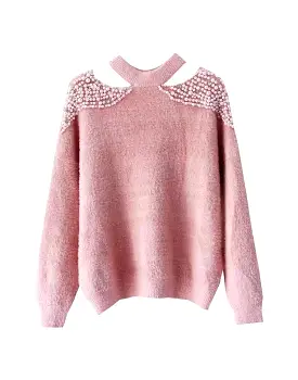 Pearl Shoulder Cut Out Fuzzy Sweater