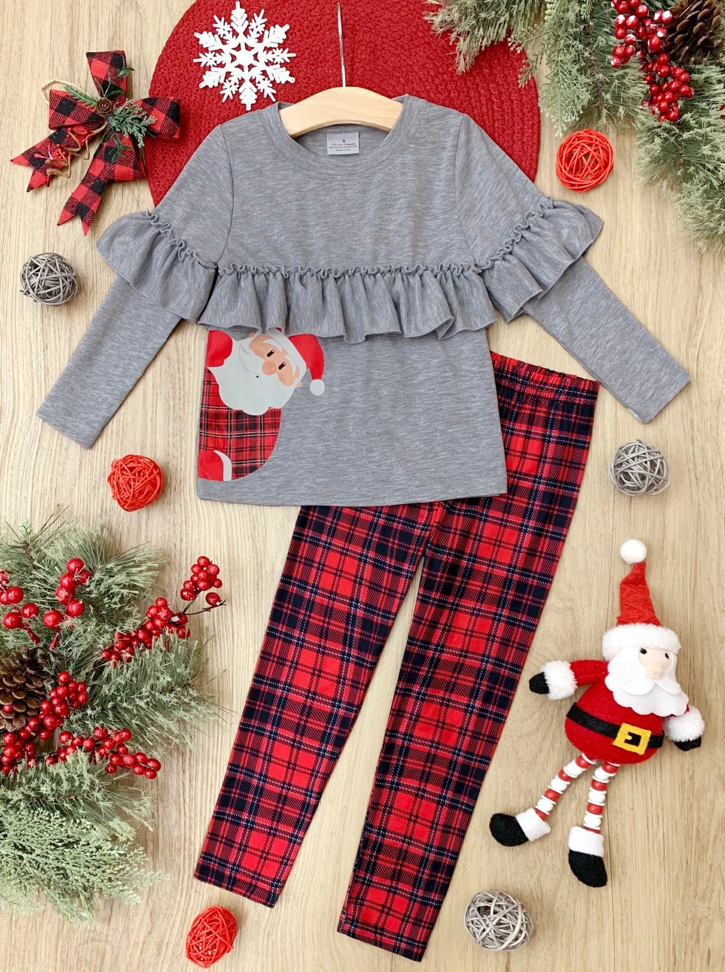 PeekABoo! Santa Is Here! Top and Plaid Legging Set