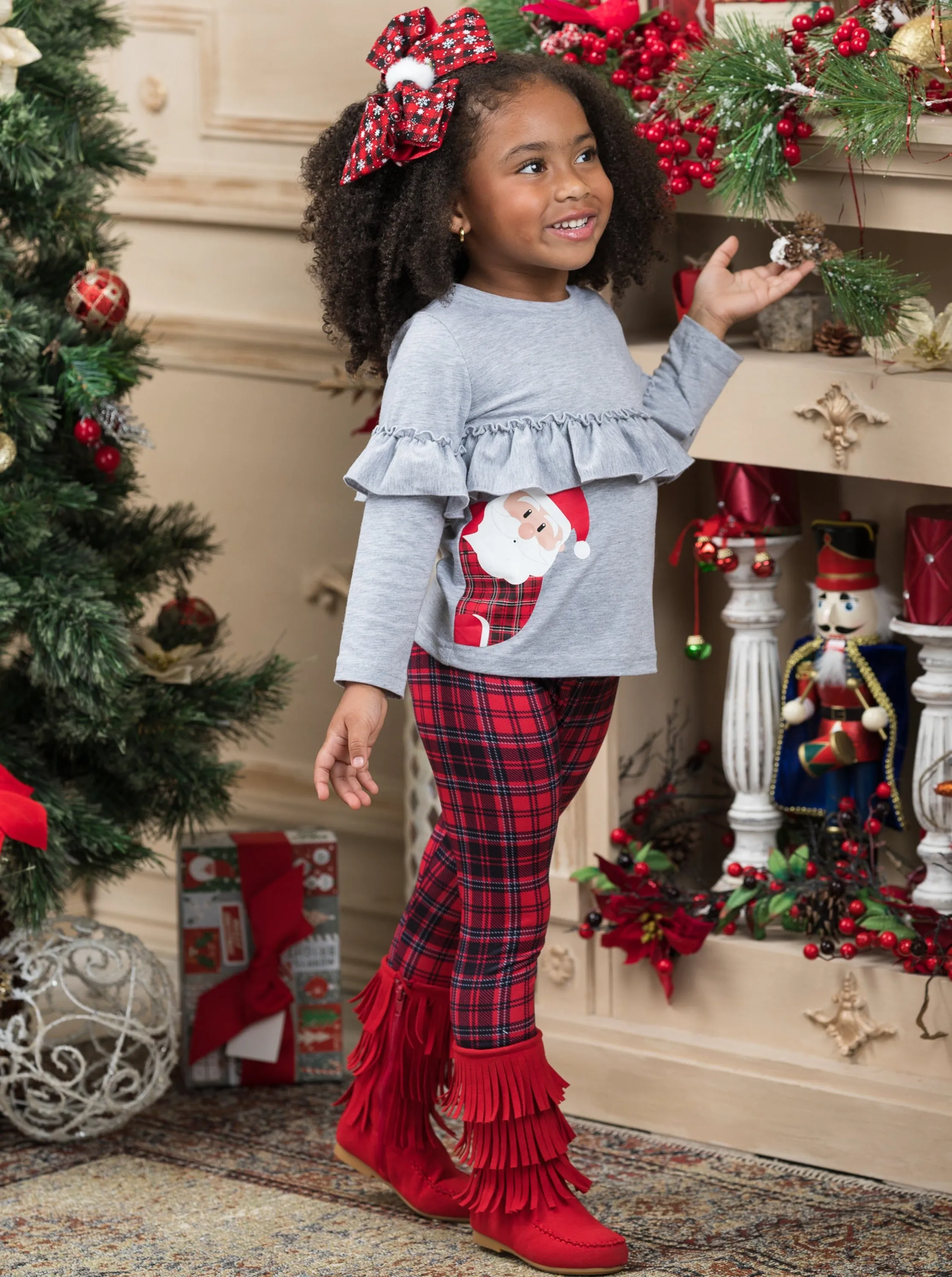 PeekABoo! Santa Is Here! Top and Plaid Legging Set