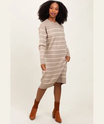 PinkBlush Beige Striped Midi Sweater Dress