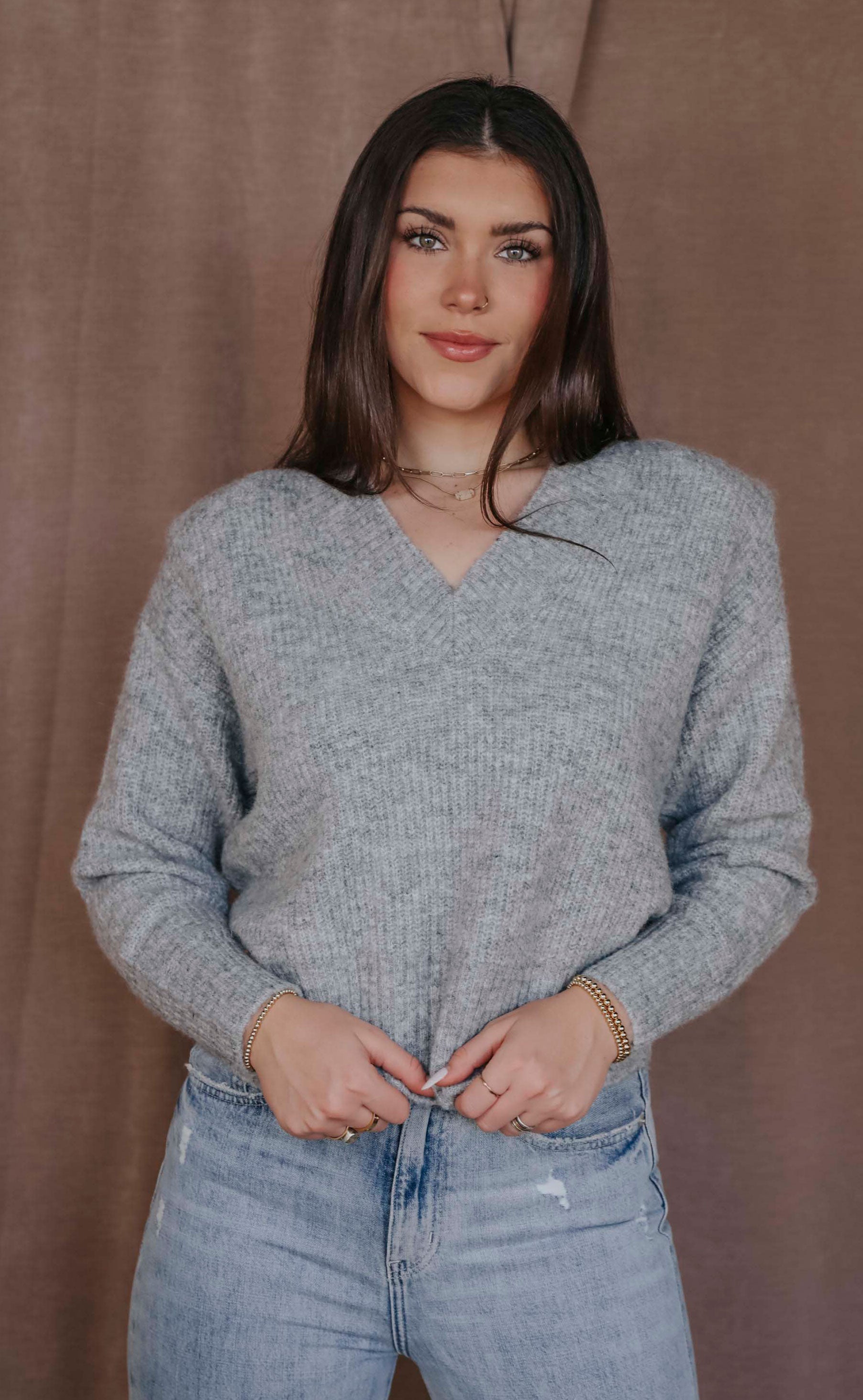 pistola: camille v neck shoulder pad sweater - heather grey