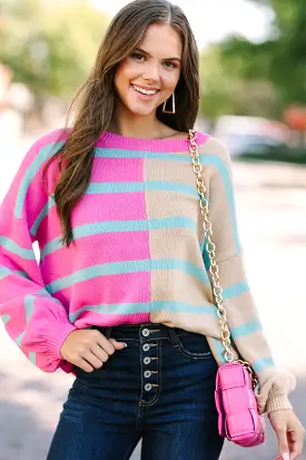 Ready For Anything Pink Striped Colorblock Sweater