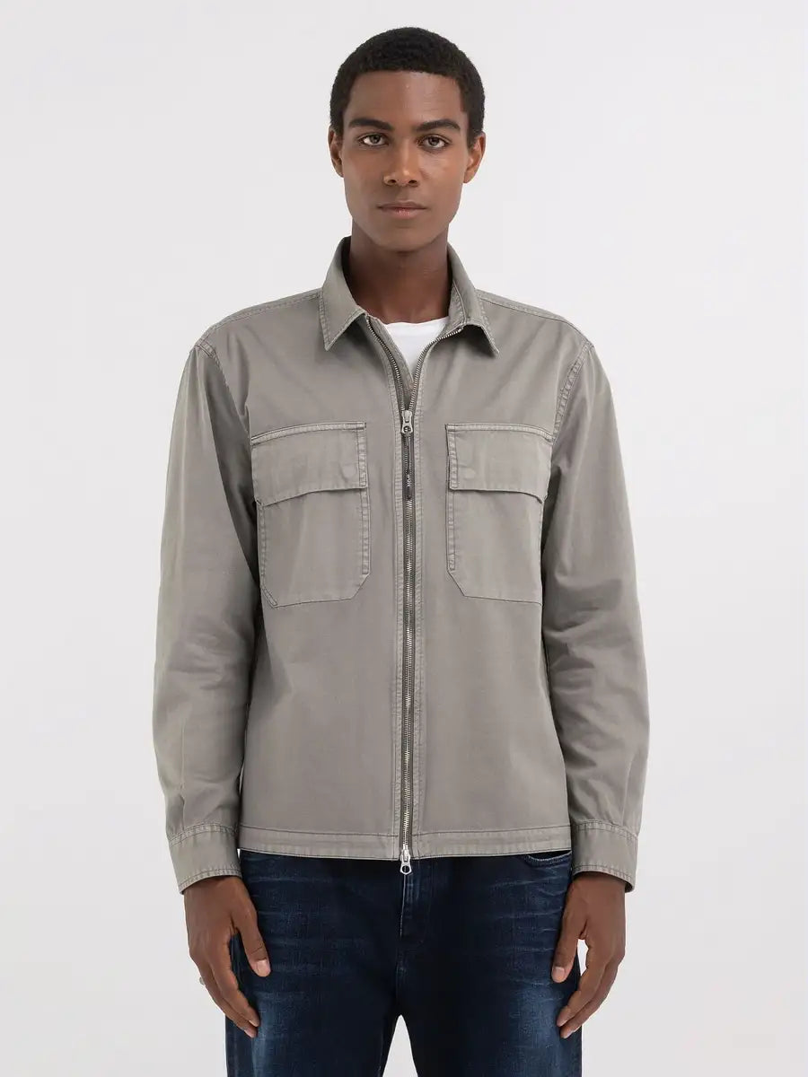 Replay PE24 Camicia Full Zip in Twill Grey Military Man