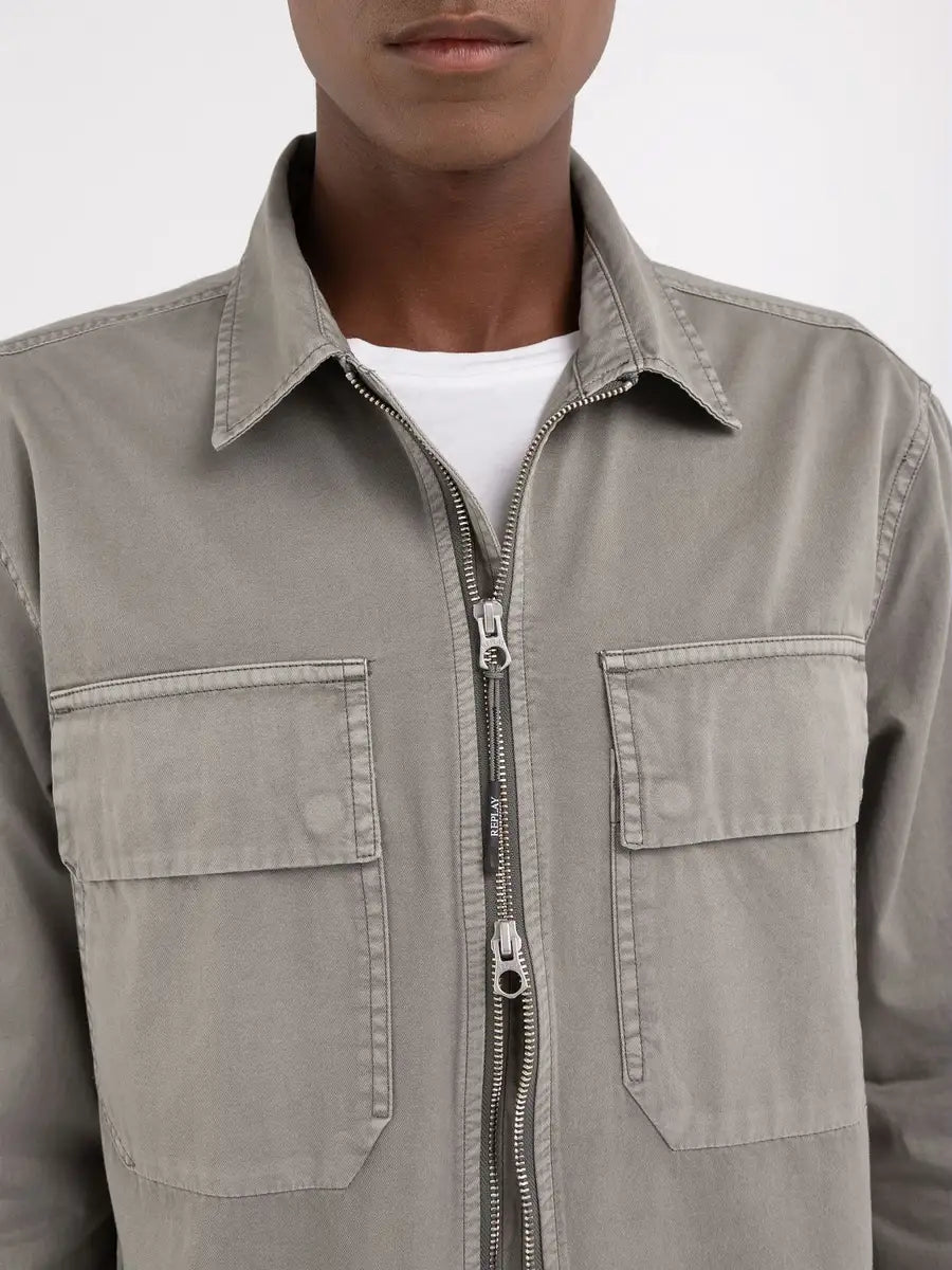 Replay PE24 Camicia Full Zip in Twill Grey Military Man