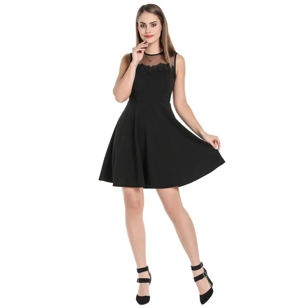 Sexy Black Mini Mesh See Through Patchwork Sleeveless Pinup Swing Pleated Formal Party Dress