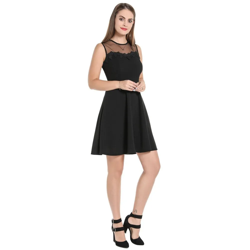 Sexy Black Mini Mesh See Through Patchwork Sleeveless Pinup Swing Pleated Formal Party Dress