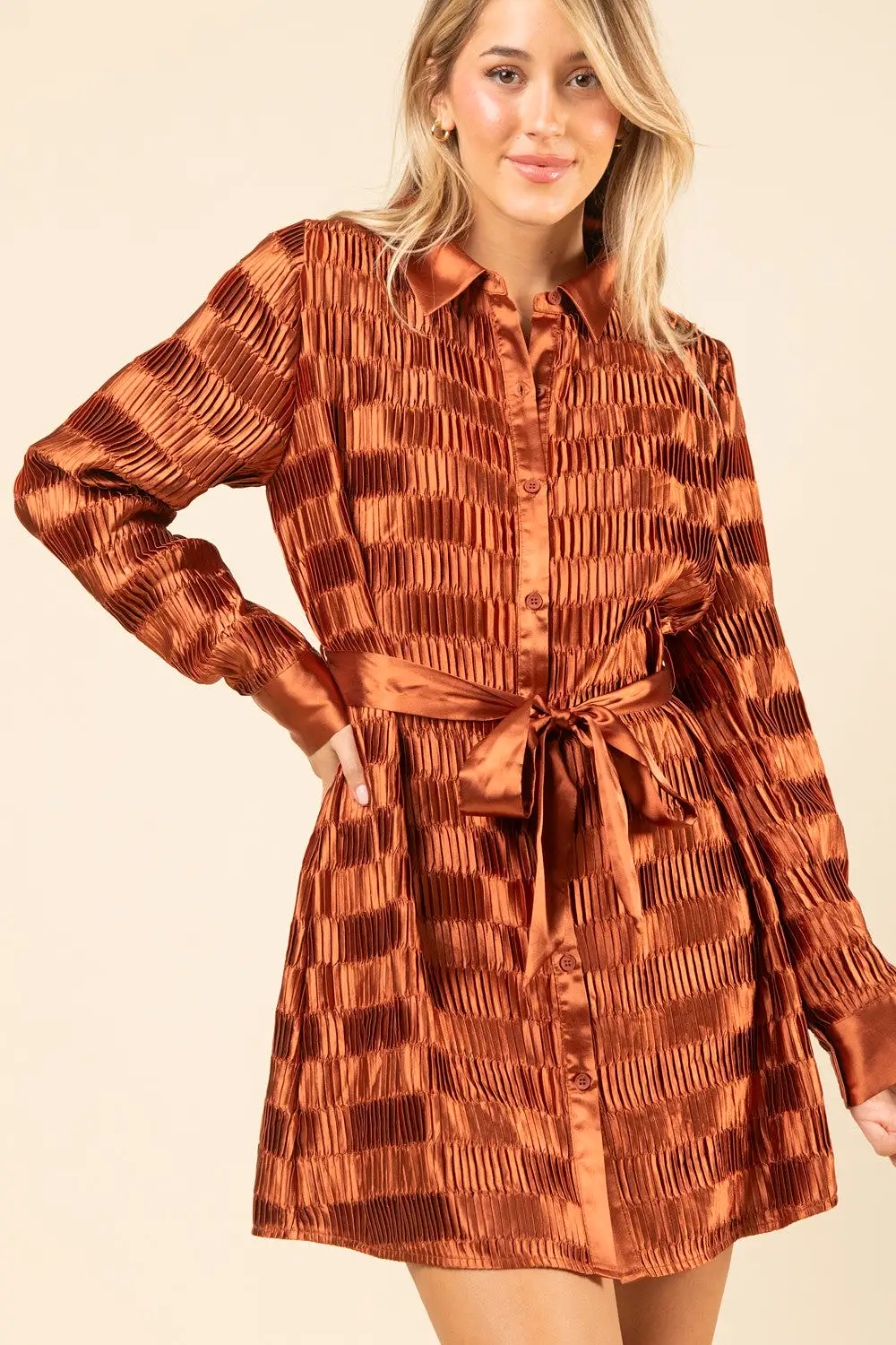 Shiny Satin Pleated Holiday Party Shirt Mini Dress- Rust