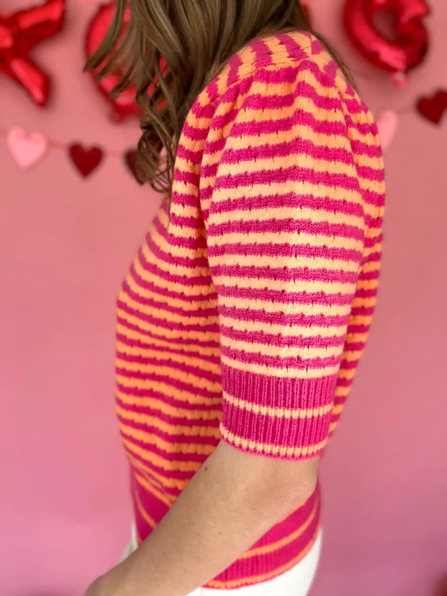 STRIPED PUFF SLEEVE SWEATER- HOTPINK/ ORANGE