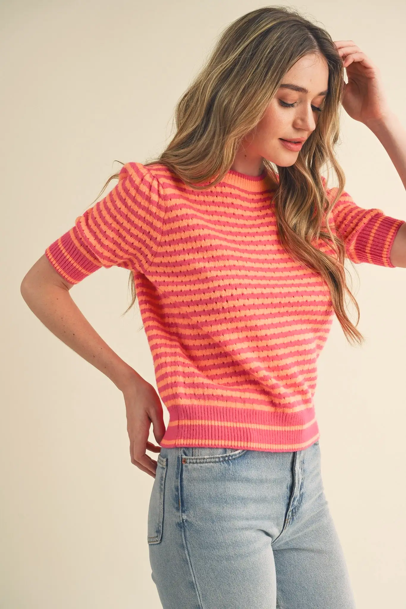 STRIPED PUFF SLEEVE SWEATER- HOTPINK/ ORANGE