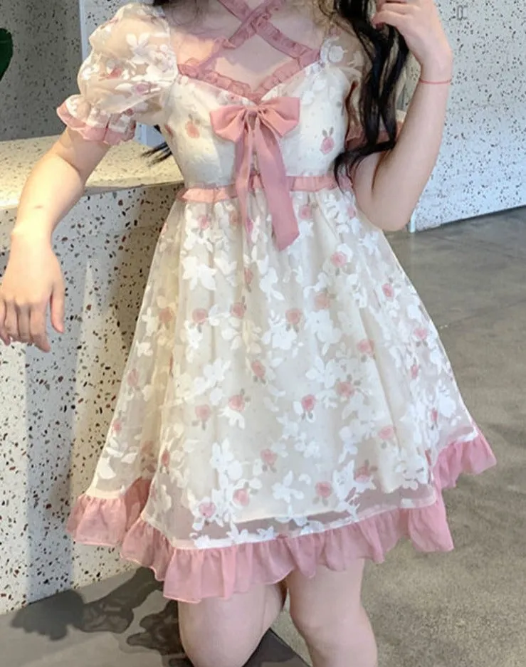 Summer Print Bow Sweet Bandage Lace Fluffy Cute Party Mini Korean Puff Sleeve Fairy Dress