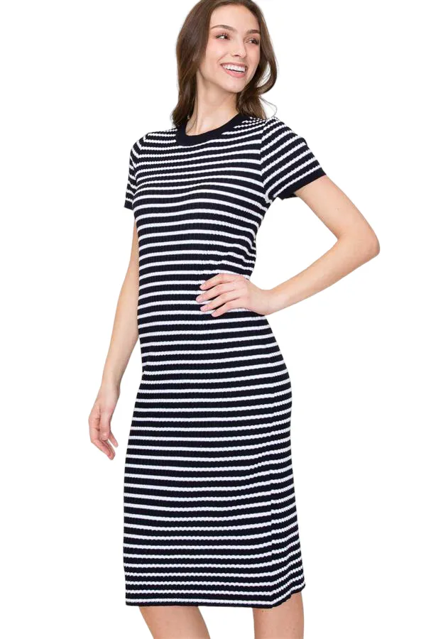 TEXTURED STRIPED MIDI SWEATER DRESS