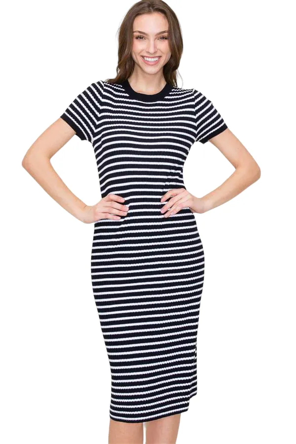 TEXTURED STRIPED MIDI SWEATER DRESS