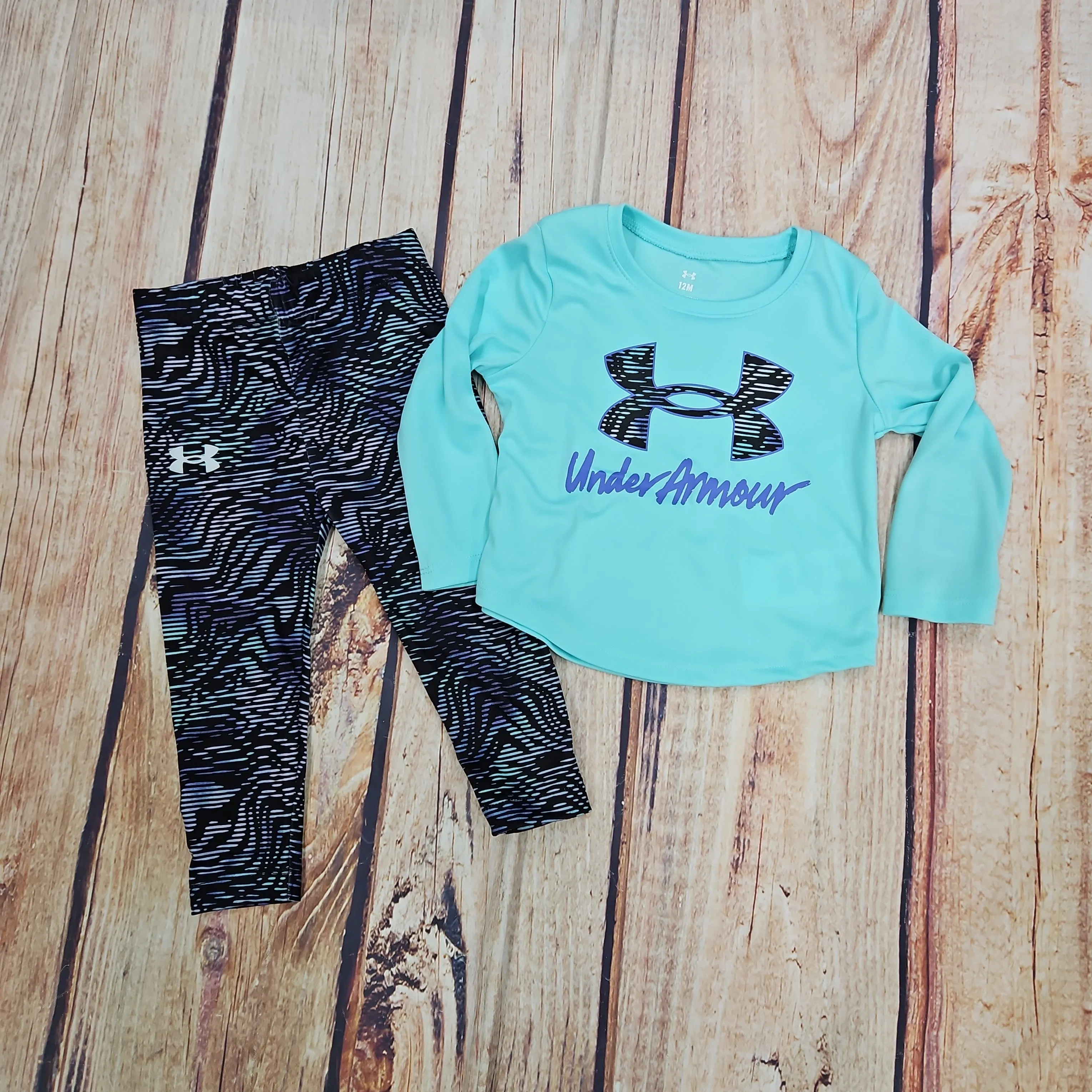 UA GIRLS WRAPPED DASH BIG LOGO LONG SLEEVES LEGGING SET NEO TURQUOISE 471