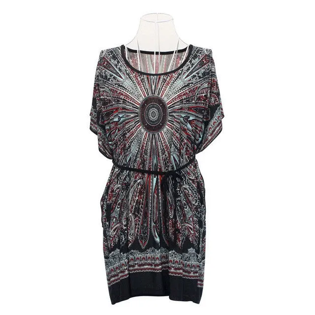 Vestido Above Knee, Mini  Promotion Rushed Natural Party Dresses Women Retro Ethnic Print Boho Skater Batwing Mini Dress GS