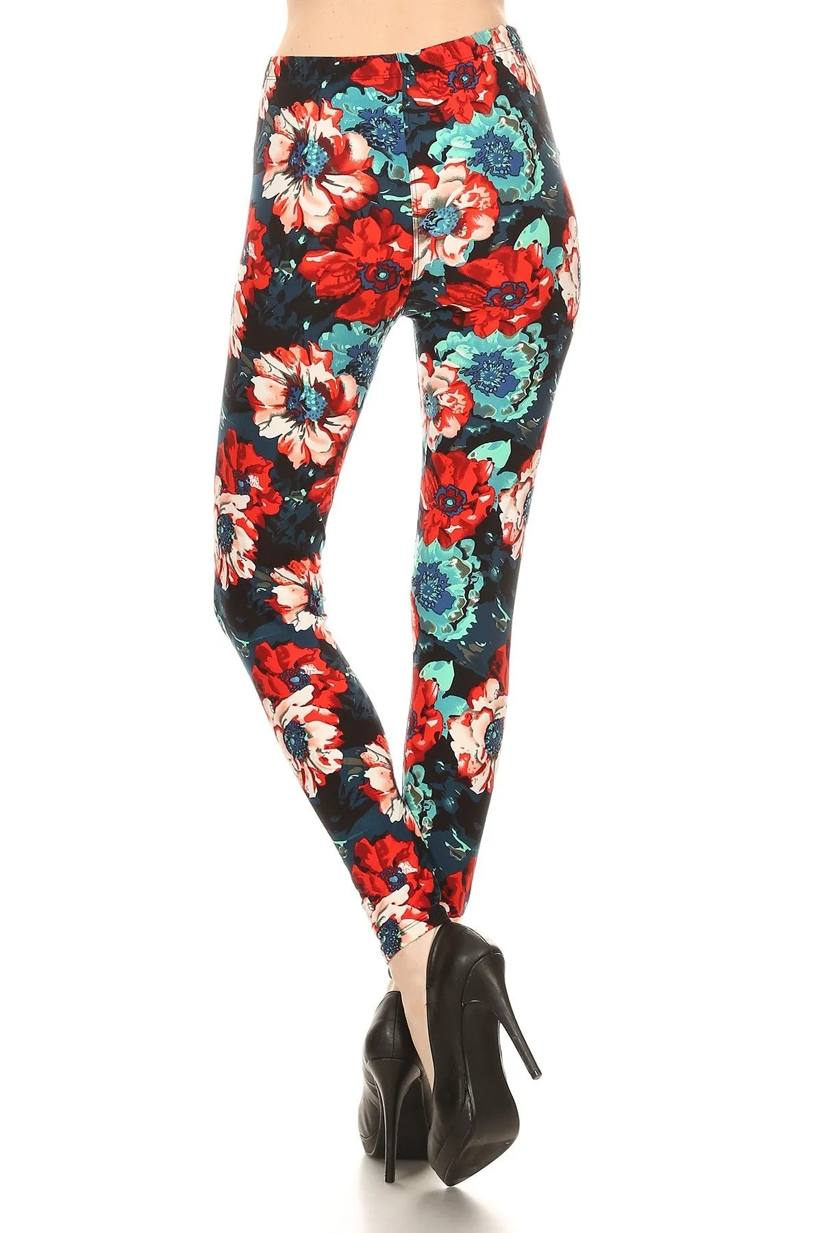 Women's 3 X 5X Red Blue Rose Pattern Printed Leggings