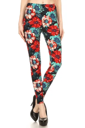 Women's 3 X 5X Red Blue Rose Pattern Printed Leggings