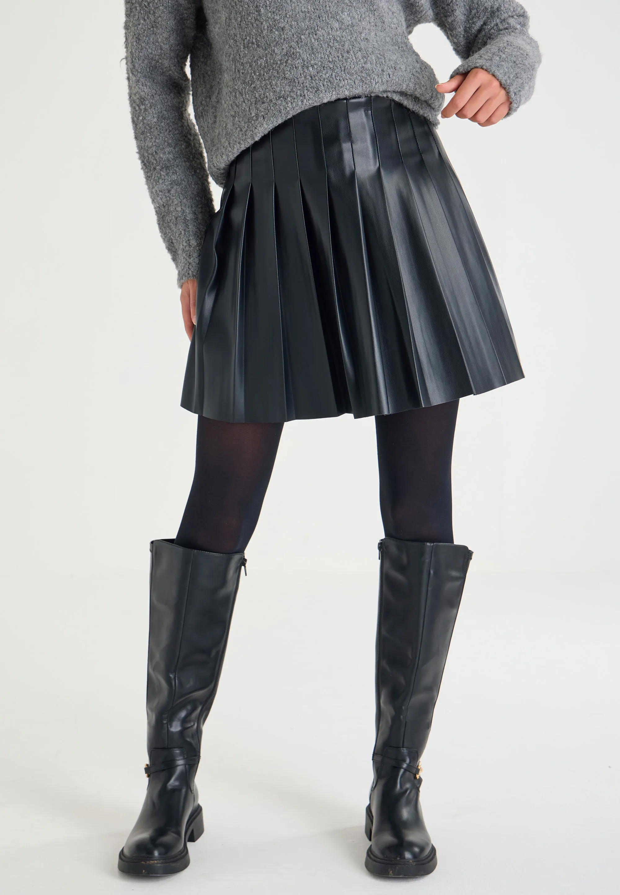 Womens Black Pleated PU Mini Kilt Skirt