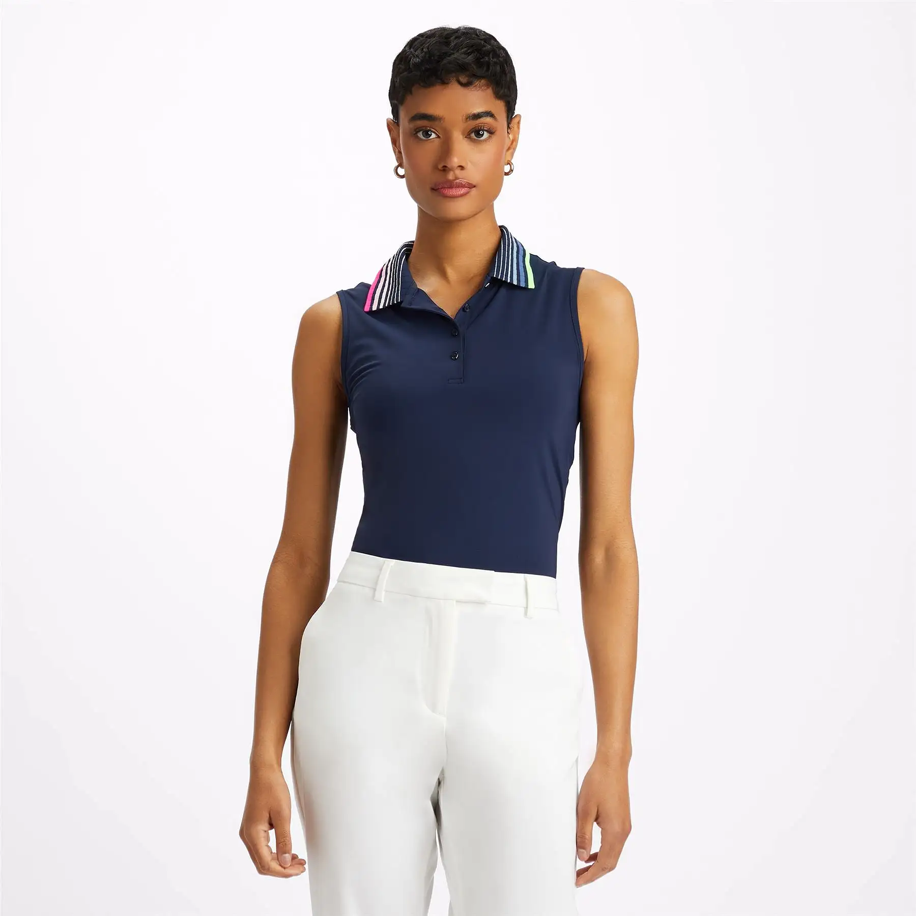 Womens Pleated Contrast Collar Sleeveless Polo Twilight - AW23