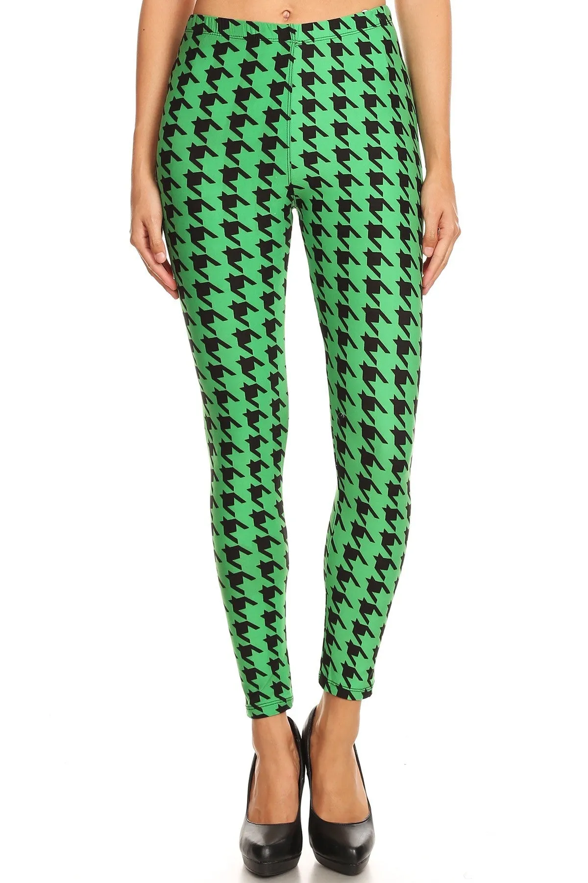 Women's Regular Green Houndstooth Pattern Printed Leggings