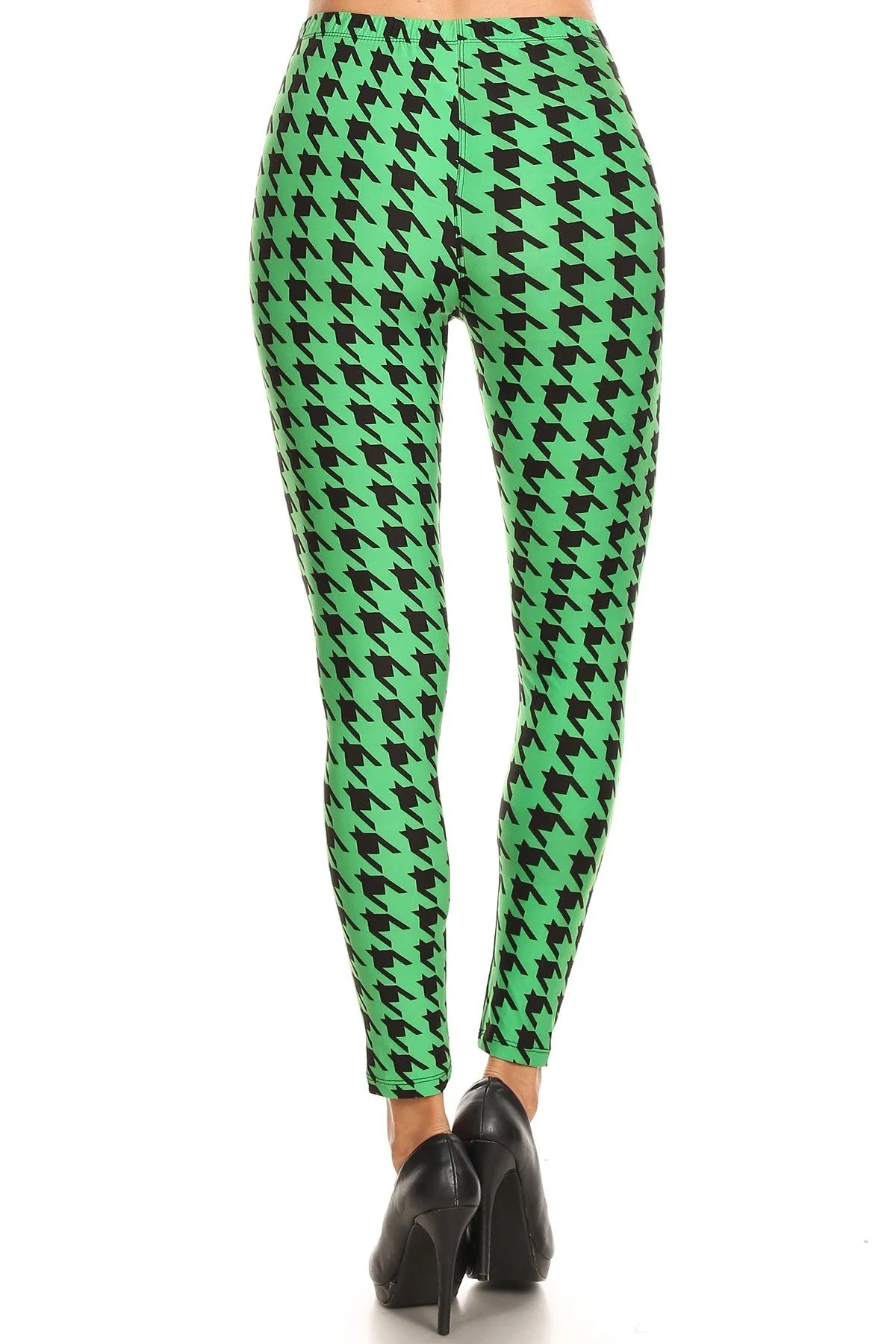 Women's Regular Green Houndstooth Pattern Printed Leggings