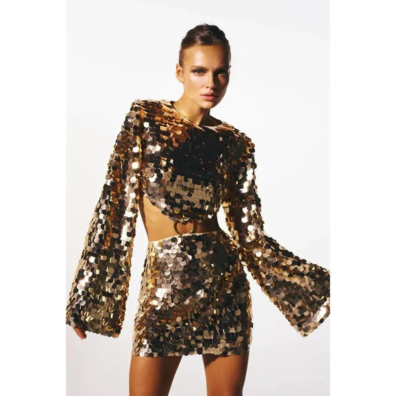 Women's Sexy Sequin Embellished Flare Sleeve Party Mini Dress