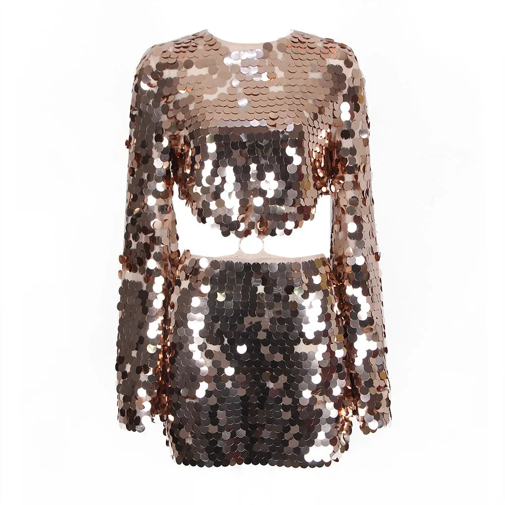 Women's Sexy Sequin Embellished Flare Sleeve Party Mini Dress