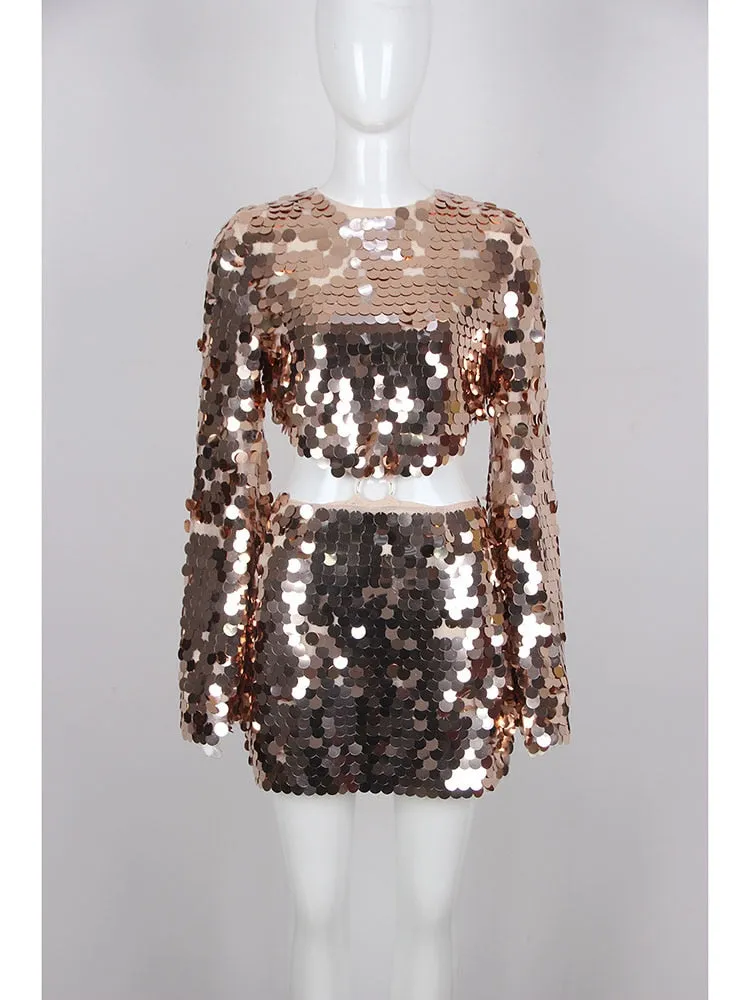 Women's Sexy Sequin Embellished Flare Sleeve Party Mini Dress