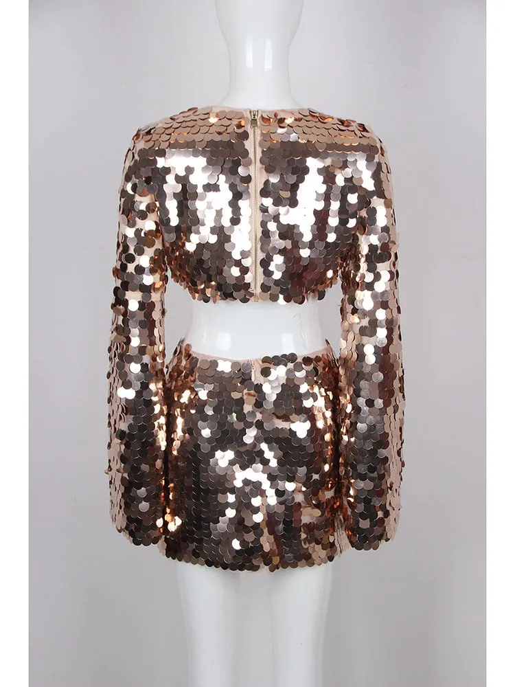 Women's Sexy Sequin Embellished Flare Sleeve Party Mini Dress