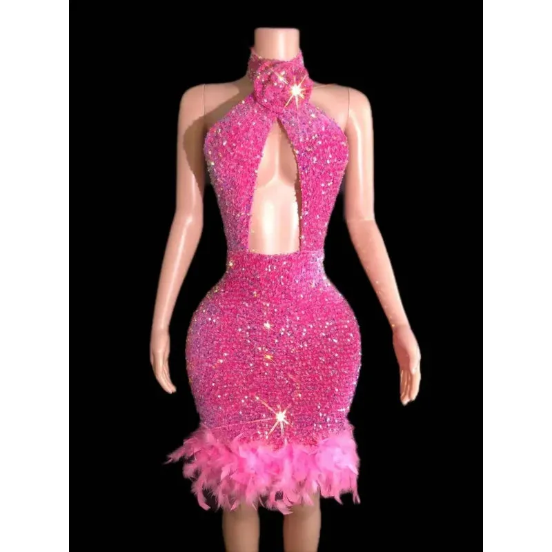 Women's Sexy Shinning Sequins Feather Party Wear Mini Bodycon Dress