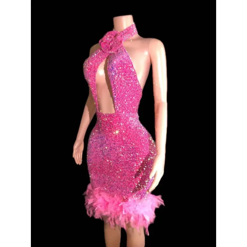 Women's Sexy Shinning Sequins Feather Party Wear Mini Bodycon Dress