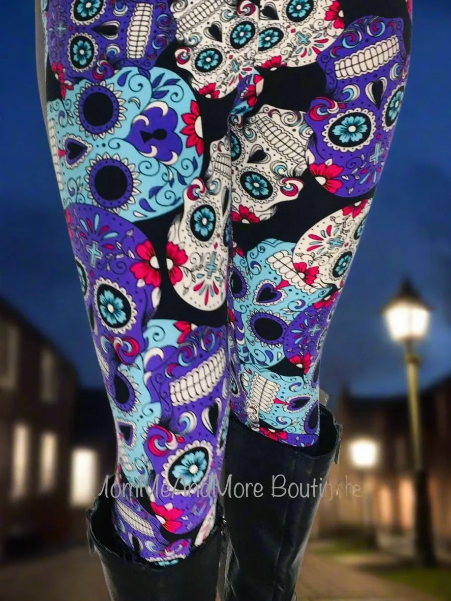 Womens Sugar Skull Leggings, Soft Yoga Pants, Size 0-20, Purple/Blue, Yoga Waistband