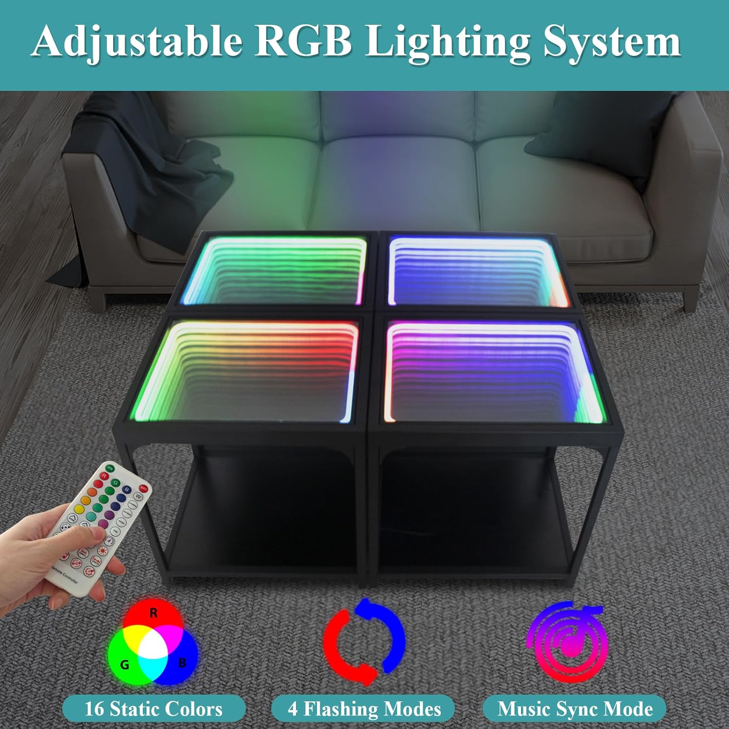 Infinity Mirror Light Table, Coffee Tables for Living Room, with 3D Infinity Illusion Mirror, RGB Side Table, with Tunnel Light, with Futuristic Decor, for Bedroom, Party - Image 4