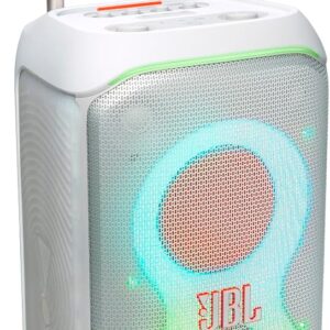 JBL PartyBox Stage 320 - Portable Party Speaker with Telescopic Handle & Wide, Sturdy Wheels, Powerful JBL Pro Sound, Futuristic lightshow, Up to 18 Hours of Play time, Splash Proof (White)