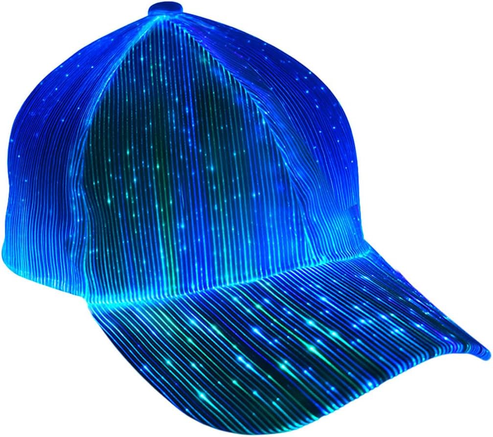 LED Hat \u2013 7 Color Light Up Baseball Cap, USB Rechargeable Fiber Optic Design for Rave, EDC Outfit, DJ & Cyberpunk Costume