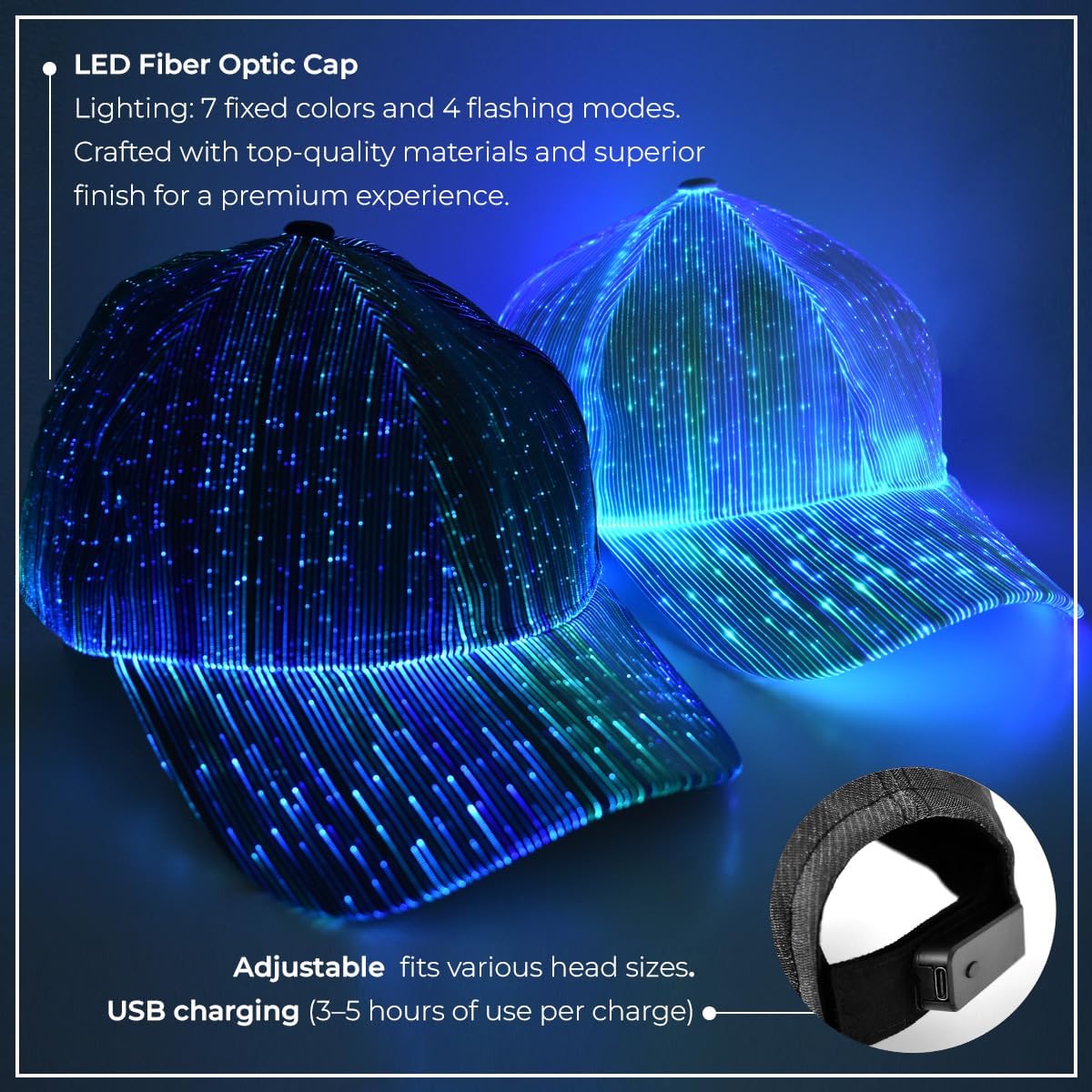 LED Hat \u2013 7 Color Light Up Baseball Cap, USB Rechargeable Fiber Optic Design for Rave, EDC Outfit, DJ & Cyberpunk Costume - Image 2