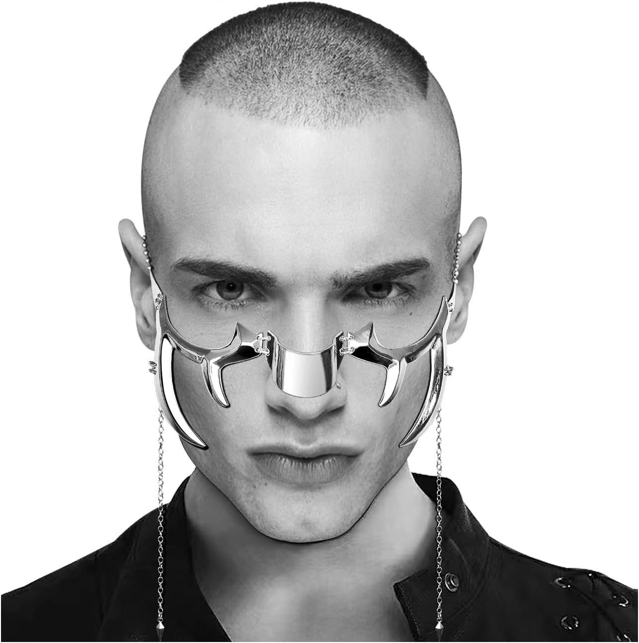 L'VOW Unisex Cyber Punk Liquid Silver Steel Half Mask Y2K Luxury Irregular Jewelry Face Chain Cyborg Earring Accessories - Image 9