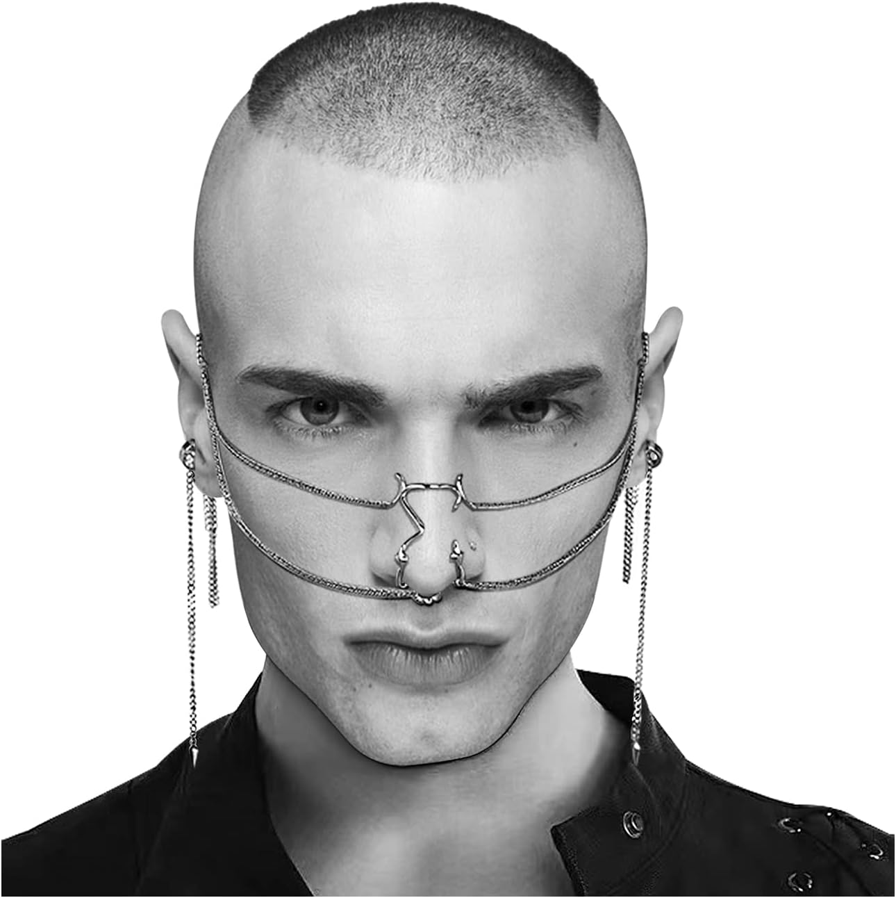 L'VOW Unisex Cyber Punk Liquid Silver Steel Half Mask Y2K Luxury Irregular Jewelry Face Chain Cyborg Earring Accessories - Image 12