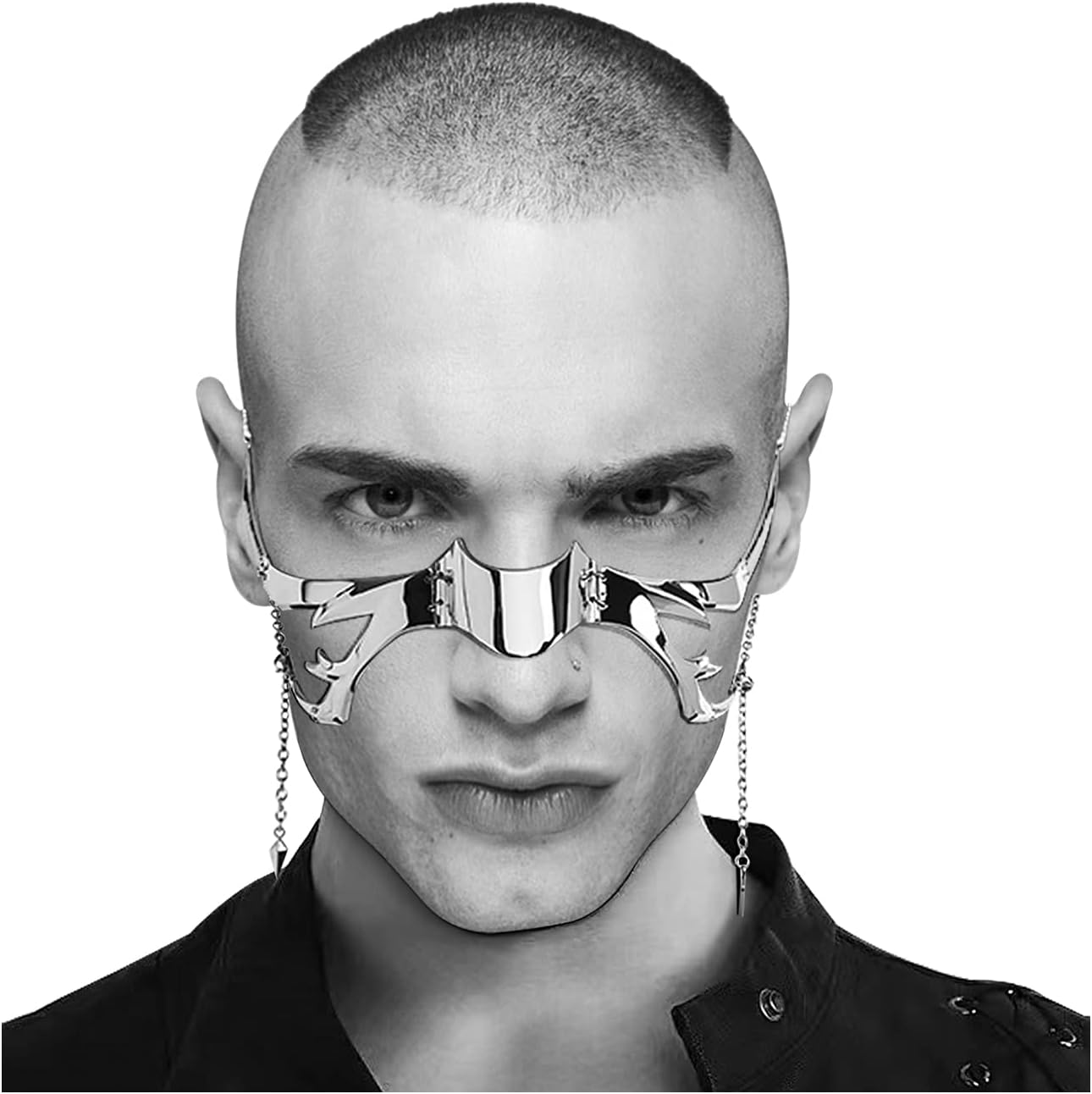 L'VOW Unisex Cyber Punk Liquid Silver Steel Half Mask Y2K Luxury Irregular Jewelry Face Chain Cyborg Earring Accessories