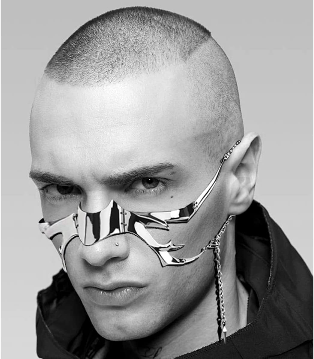 L'VOW Unisex Cyber Punk Liquid Silver Steel Half Mask Y2K Luxury Irregular Jewelry Face Chain Cyborg Earring Accessories - Image 4