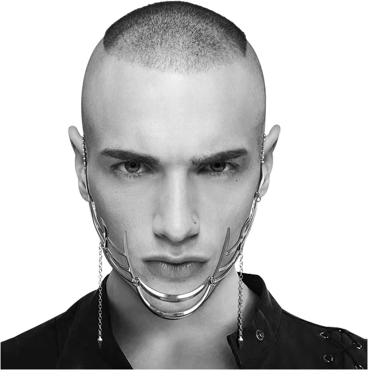 L'VOW Unisex Cyber Punk Liquid Silver Steel Half Mask Y2K Luxury Irregular Jewelry Face Chain Cyborg Earring Accessories - Image 11
