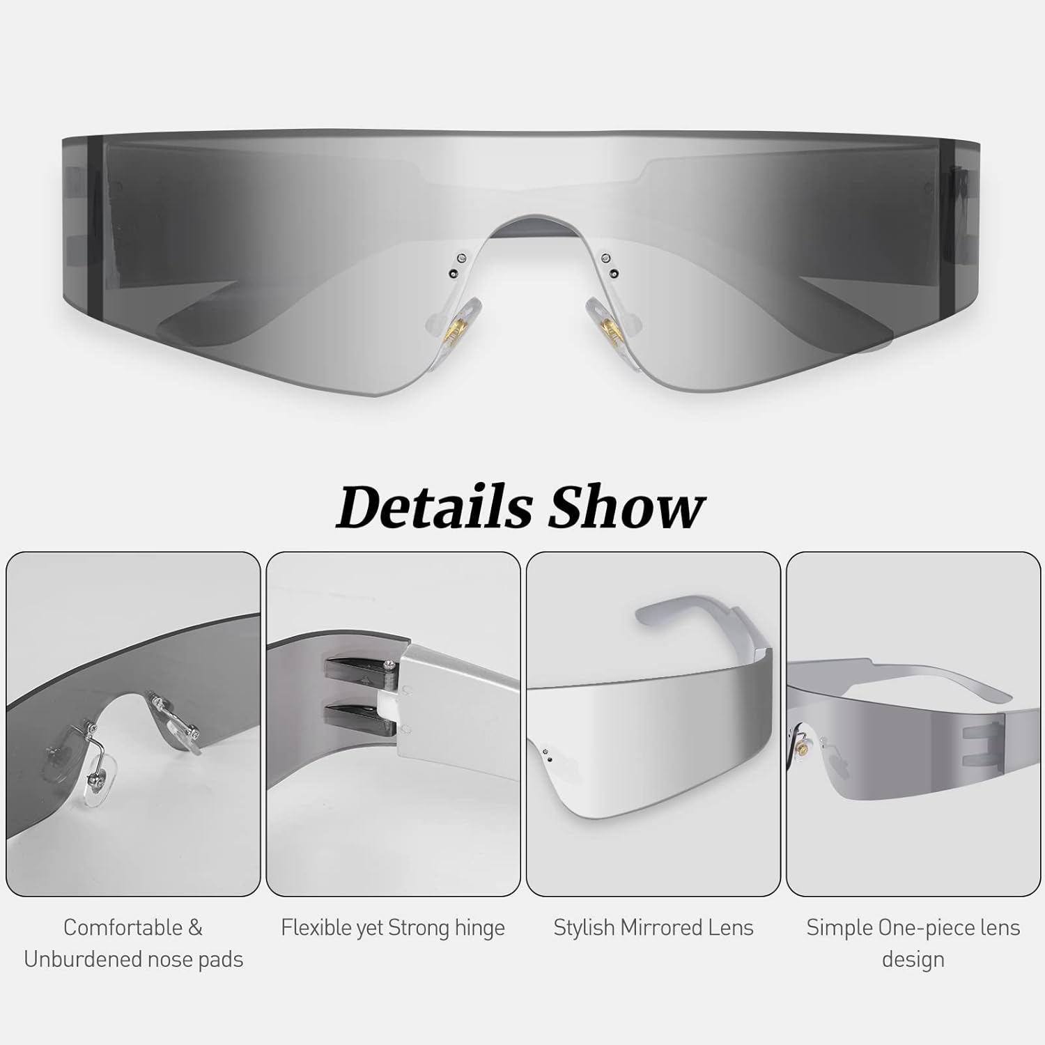 milramtob Futuristic Wrap Around Fashion Sunglasses Y2K Silver Trendy Rimless Glasses Cyberpunk Eyewear Women Men Rave Party - Image 5