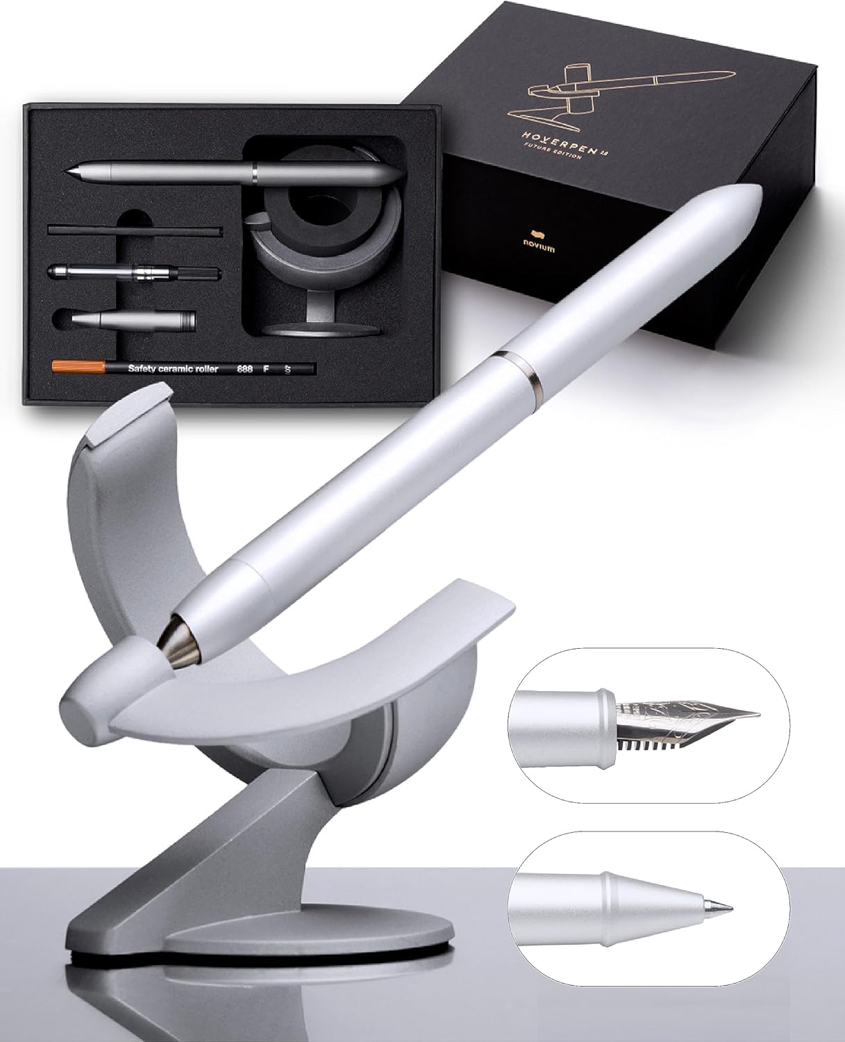novium Hoverpen Future Edition - Luxury Fountain Pen & Rollerball Pen All-In Gift Box, Fine Nib, Futuristic Aesthetic, Aerospace Metal Made, Free Spinning Executive Pen, Gifts for Boss (Deep Black) - Image 7
