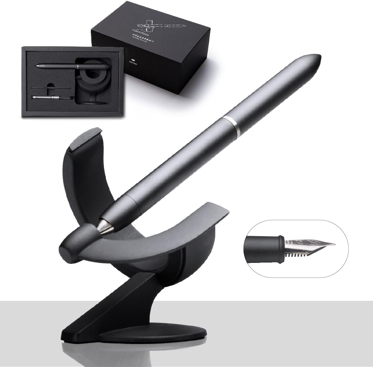 novium Hoverpen Future Edition - Luxury Fountain Pen & Rollerball Pen All-In Gift Box, Fine Nib, Futuristic Aesthetic, Aerospace Metal Made, Free Spinning Executive Pen, Gifts for Boss (Deep Black) - Image 8