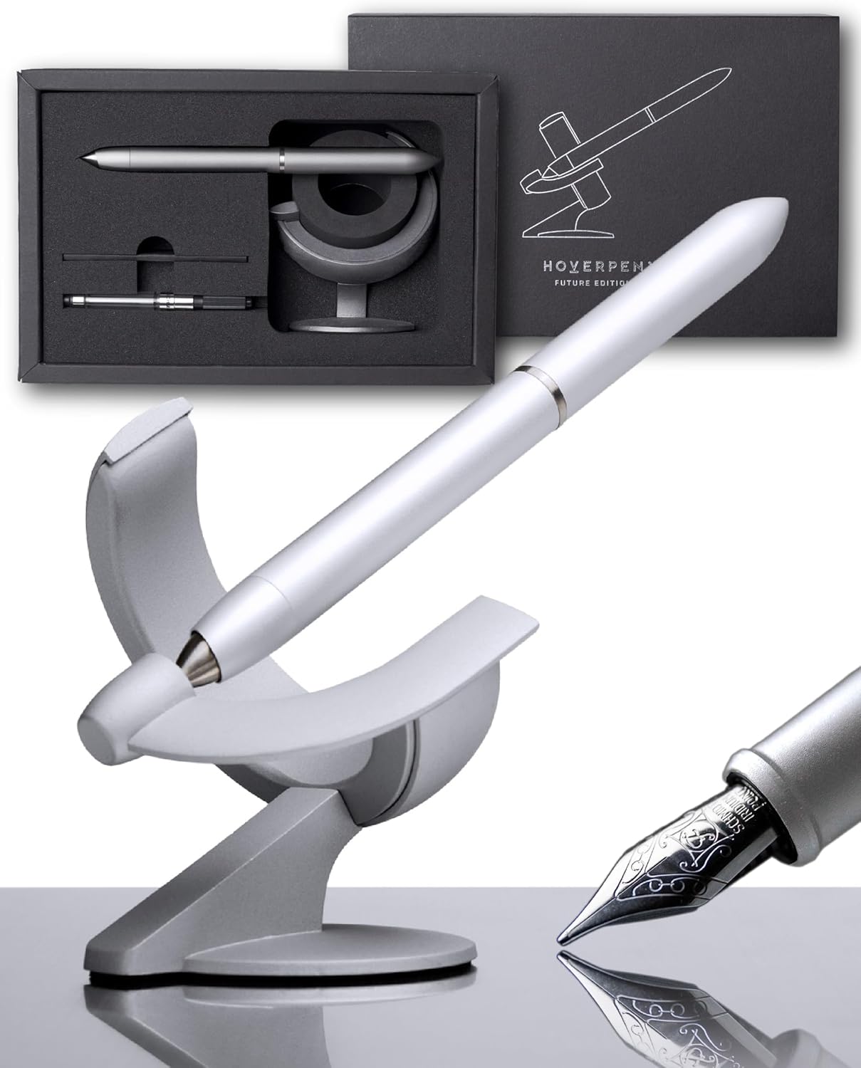 novium Hoverpen Future Edition - Luxury Fountain Pen & Rollerball Pen All-In Gift Box, Fine Nib, Futuristic Aesthetic, Aerospace Metal Made, Free Spinning Executive Pen, Gifts for Boss (Deep Black) - Image 10