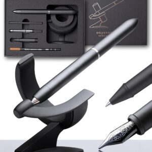 novium Hoverpen Future Edition - Luxury Fountain Pen & Rollerball Pen All-In Gift Box, Fine Nib, Futuristic Aesthetic, Aerospace Metal Made, Free Spinning Executive Pen, Gifts for Boss (Deep Black)
