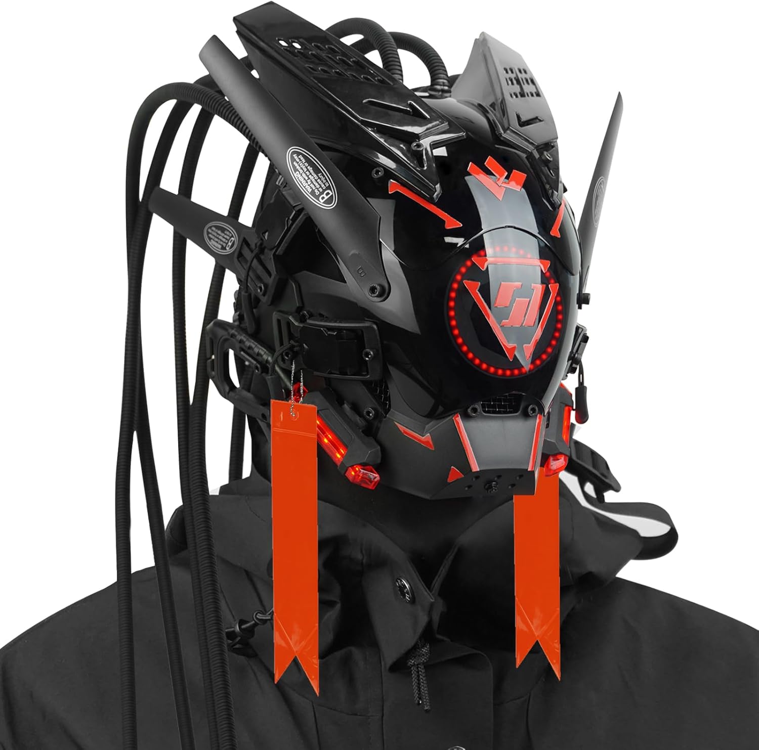 Punk Helmet Mask Round Light LED Light with Braids, 6 Punk Stickers, Futuristic Mask for Cosplay, Music Festival, Halloween